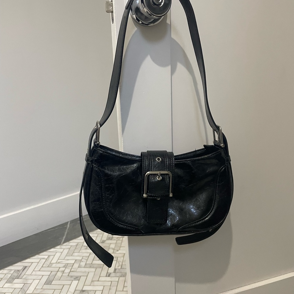 Tiffany & Fred Black Leather Shoulder Bag with Buckle Strap
